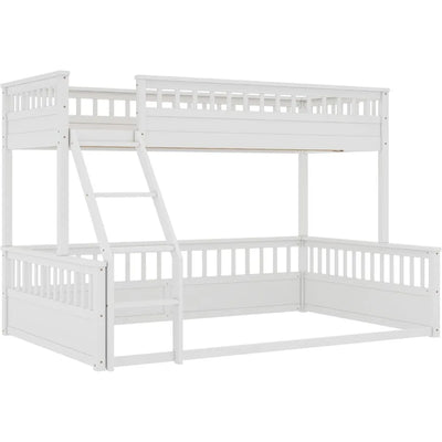Low Bunk Beds Twin XL Over Queen Floor Bunk Bed with Ladder and Guardrail Wood Detachable Bunk Bed Frame for Boys, Girls, No Spr