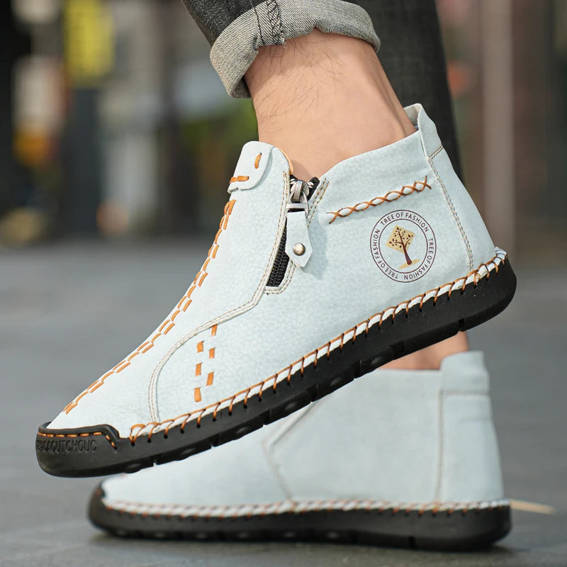 Handmade Leather Casual Shoes For Men Sneakers Men Flat Footwear Zipper Leather Boots Men Ankle Plus Size 39-48