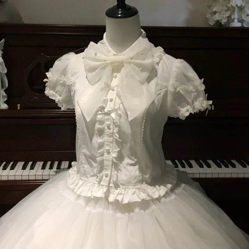 Japanese Lolita Shirts Vintage Elegant Women Classical Sweet Short Sleeve Blouse Ruffles Bow Casual Y2k Crop Tops Gothic Blusas