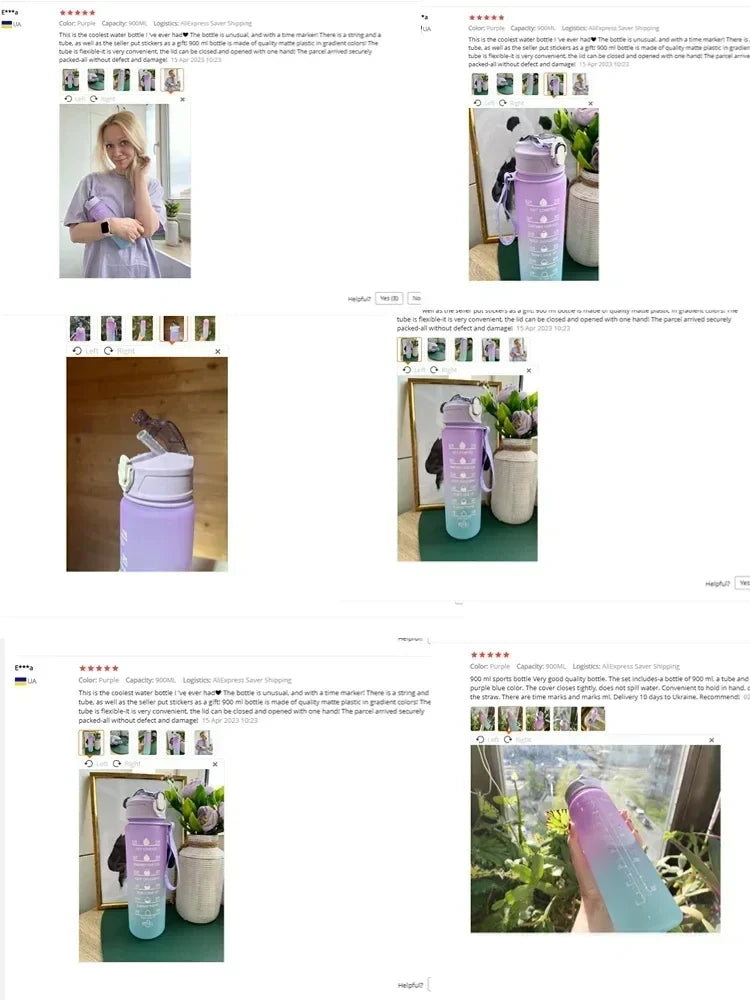 900ml Sports water Bottle High Temperature Resistant Graduated Straw Cup Rainbow Frosted Progressive Color Water Cup Plastic Cup