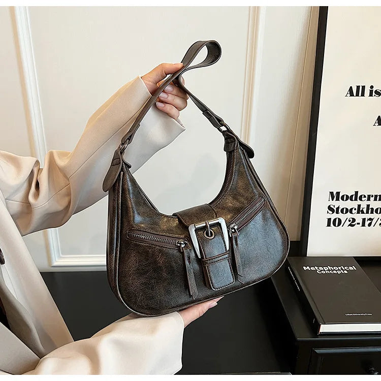 Retro Belt Design PU Leather Shoulder Bags for Women 2024 Y2K Small Vintage Female Underarm Crossbody Bag Fashion Handbags