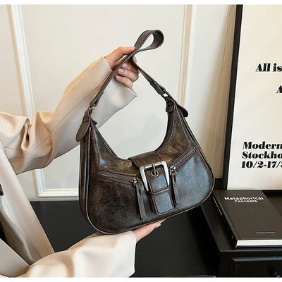 Retro Belt Design PU Leather Shoulder Bags for Women 2024 Y2K Small Vintage Female Underarm Crossbody Bag Fashion Handbags