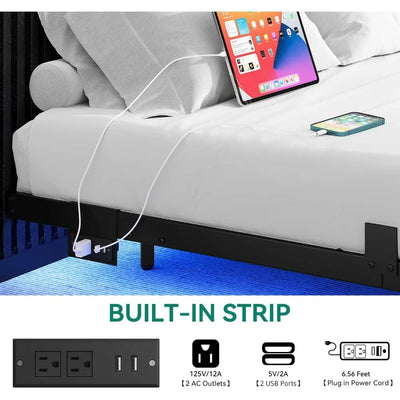Floating Bed Frame Queen Size, LED Bed Frame with Charging Station, Metal Platform Queen Bed with Heavy Duty Steel Slats