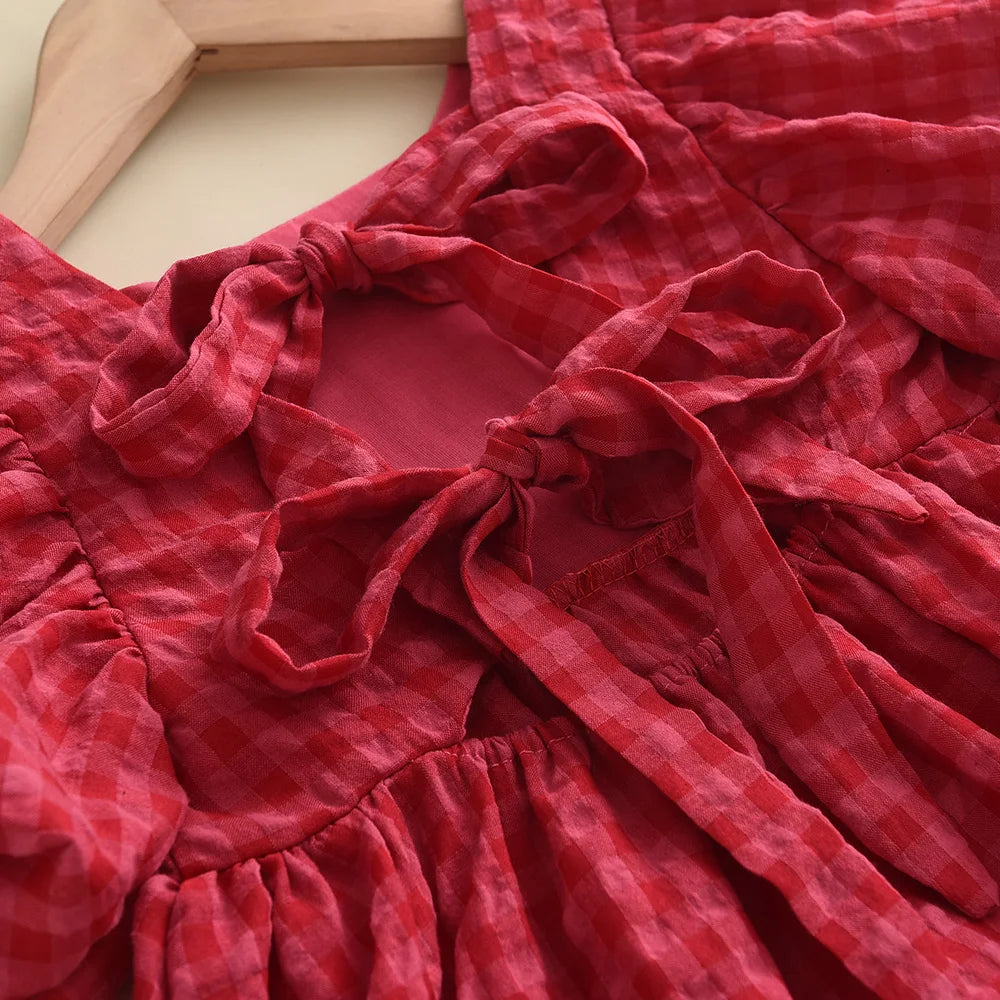 Summer Rose Pink Plaid Bow Dress Elegant Lolita Child Girls Dress Children Dresses Teens Party Princess Sundress Kids Clothes