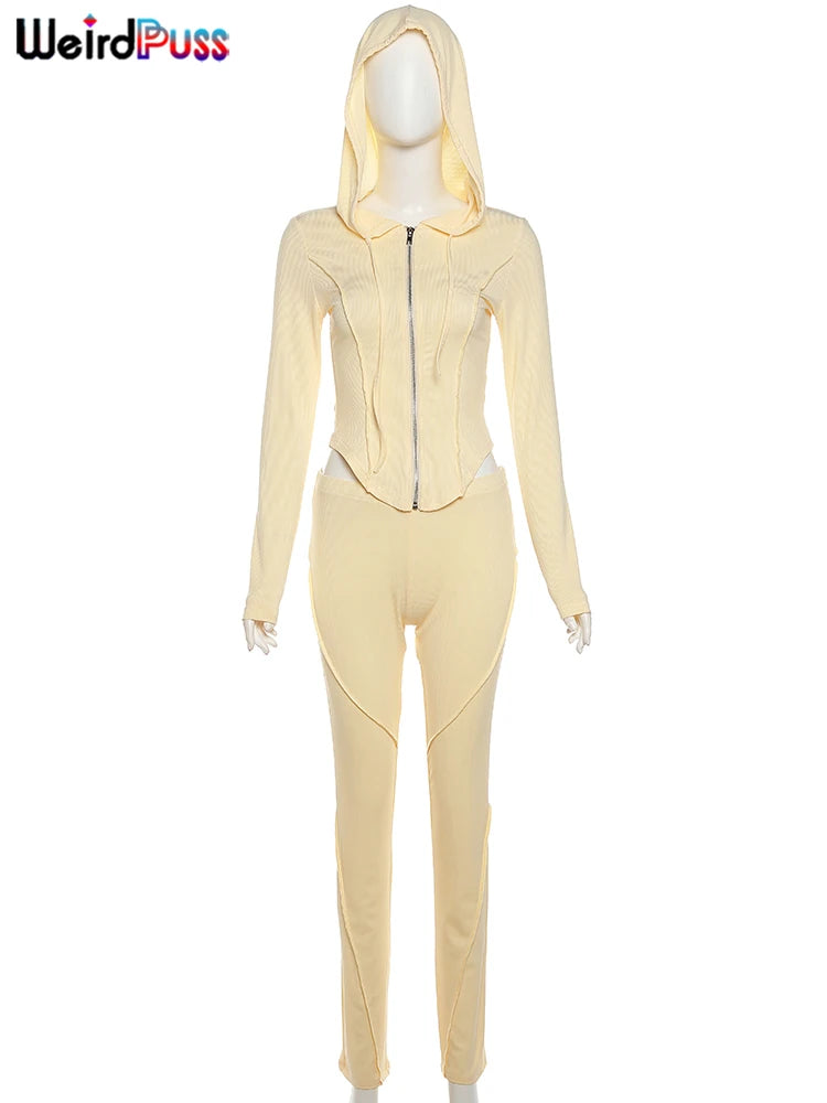 Weird Puss Sporty Stretch Women Tracksuit 2Piece Set Full Sleeve Patchwork Hooded Zip Jacket+Pants Matching Casual Street Suits