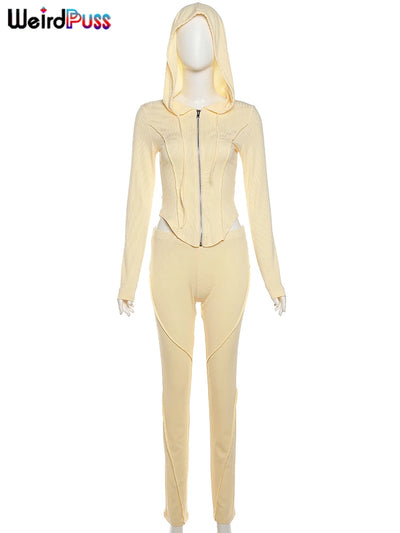 Weird Puss Sporty Stretch Women Tracksuit 2Piece Set Full Sleeve Patchwork Hooded Zip Jacket+Pants Matching Casual Street Suits