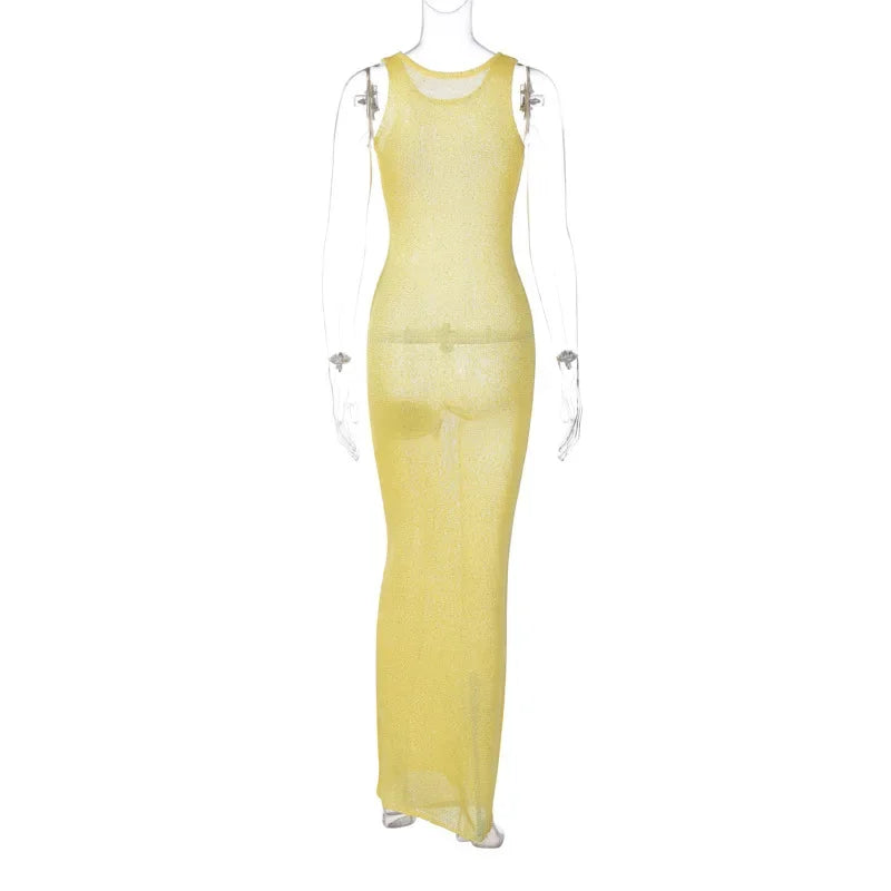 TARUXY Sexy See Through Sequins Maxi Dress For Women Beach Holiday Dress Sleeveless Elegant High Waist Bodycon Hot Girl Outfits