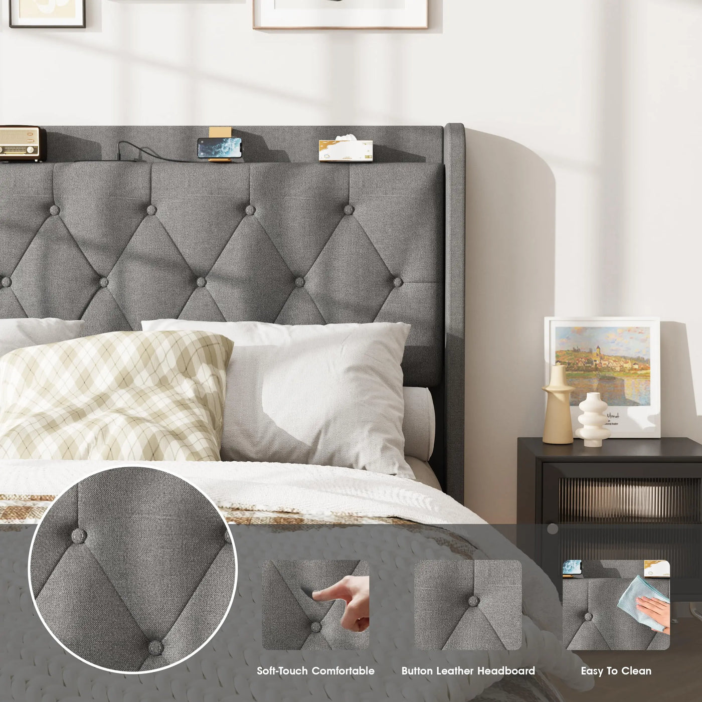 Vabches Floating Queen Bed Frame with Storage Headboard Linen Fabric Upholstered Platform Bed Frame with LED Light&Power Outlet