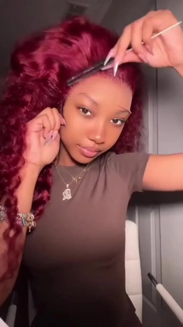Curly 99J Burgundy 30 Inch Deep Wave 13x4 Lace Front Wig Wet And Wavy Red Colored wigs HD Lace Frontal 100% Human Hair Wigs