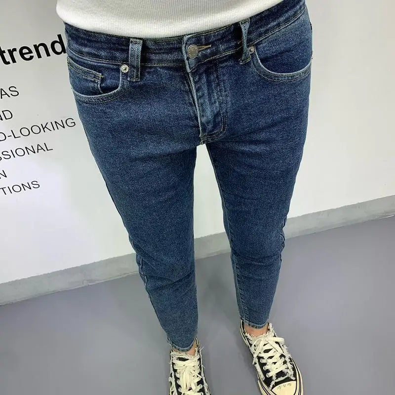 New Men's Slim Denim Jeans Casual Spring and Autumn Stretchy Skinny Pants Korean Style Trendy Cowboy Hip Hop Cropped Trousers