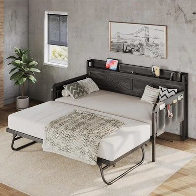 LIKIMIO Twin Daybed with Trundle Bed, Storage Headboard with Charging USB Station, Sofa Day Bed with Strong Supports for Bedroom