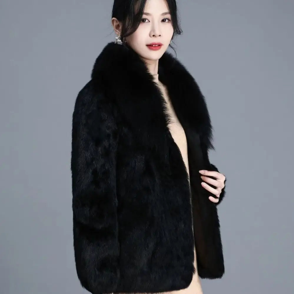 Real Rabbit Fur Coat Women Autumn Winter Short Jacket Thick Warm New Fashion Fox Fur Collar Elegant Female Warm Outerwear