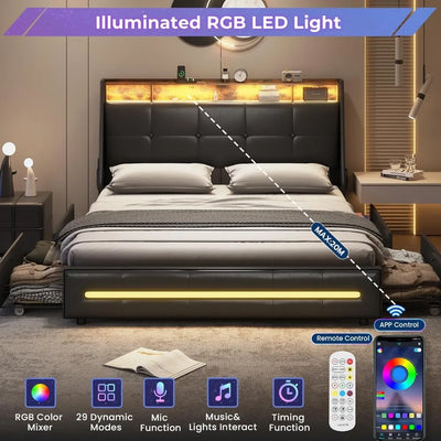 MSmask Full Black Platform Bed with Storage, LED Lights, USB Ports, 4 Drawers, Wingback Headboard - Modern Style, No Box Spring