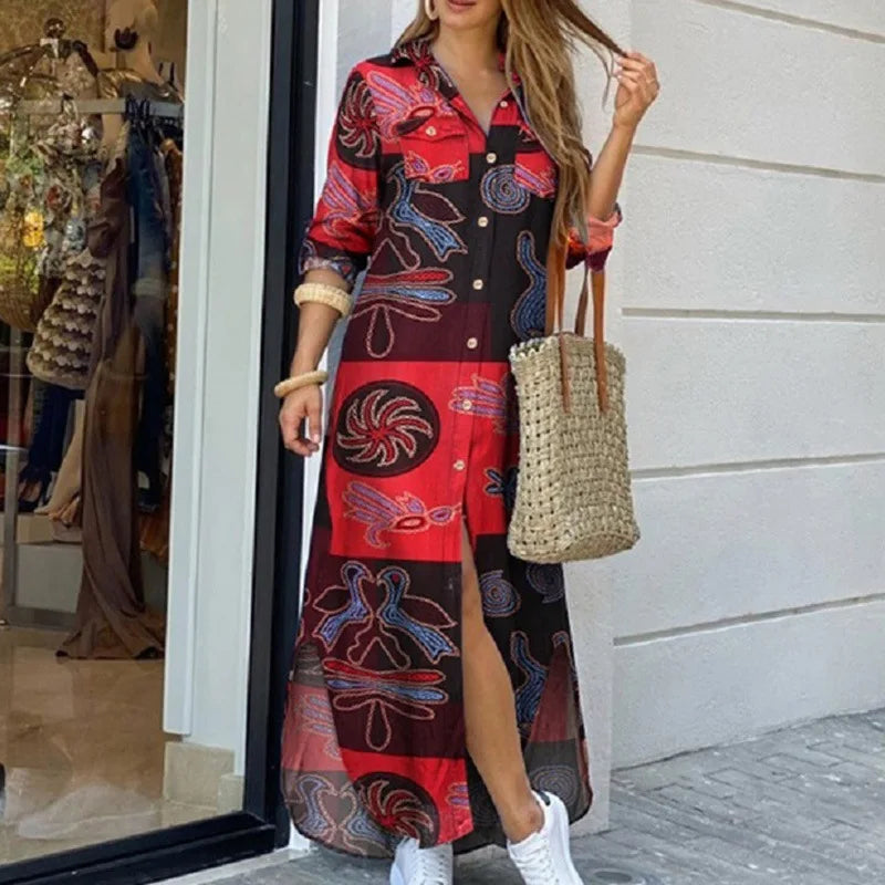 Spring And Autumn Women's Fashion Checker Print Long Shirt Dress Casual Polo Neck Long Sleeve Loose Single Breasted Pocket Dress