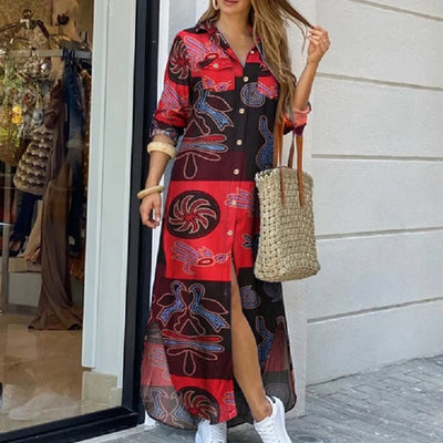 Spring And Autumn Women's Fashion Checker Print Long Shirt Dress Casual Polo Neck Long Sleeve Loose Single Breasted Pocket Dress