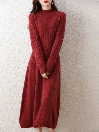 Elegant Fashion Dresses Cashmere Sweater Knitted Long Dress 100% Merino Wool Women Turtleneck Office Skirt Autumn Winter Clothes
