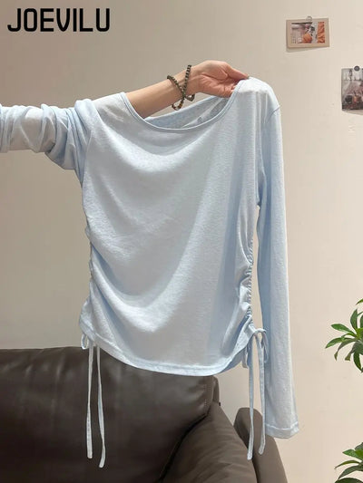 2025 New Summer Women's Light Blue Cooling Sun Protection Top Shirring Detail Loose Sheer Thin Blouse Y2k Korean Fashion Clothes
