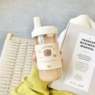 500ml 850ml Large Capacity Cartoon Bear Water Bottle Plastic Drinking Cups Juice Milk Tea Coffee Straw Cups for Students