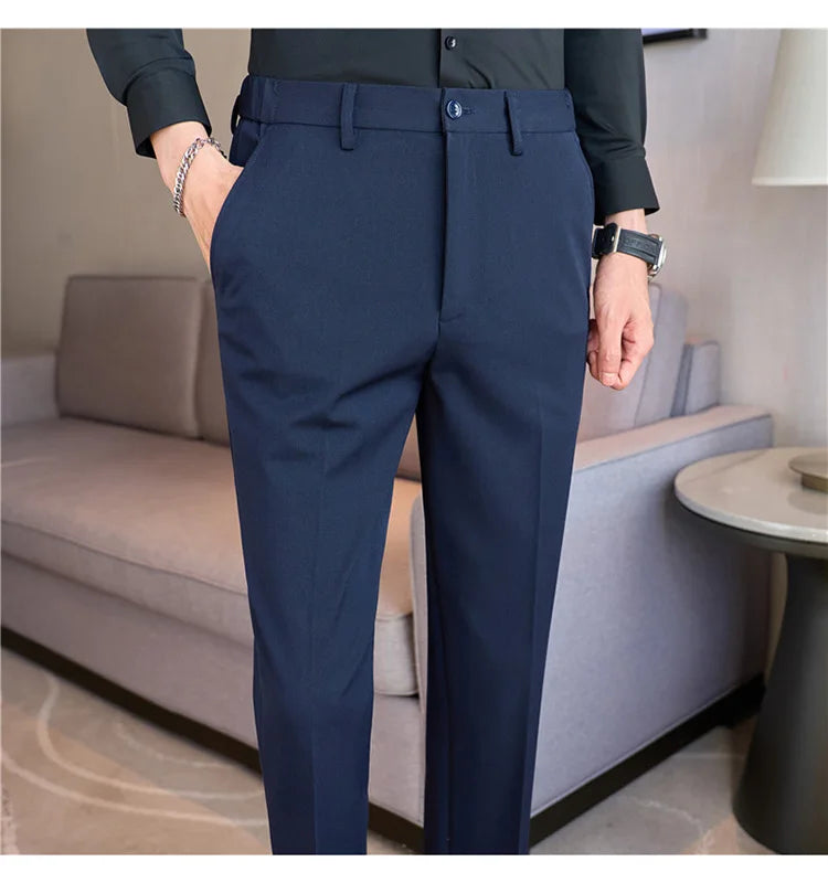 High End Elastic Waistband Suit Pants for Men Embroidered Business Casual Pants Solid Colror Versatile Social Office Trousers