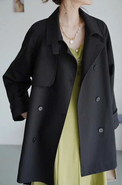 Women Spring Fall Short Trench Coat Korean Style Loose Fit Casual Khaki Jacket Petite-Friendly Versatile and Stylish Outerwear
