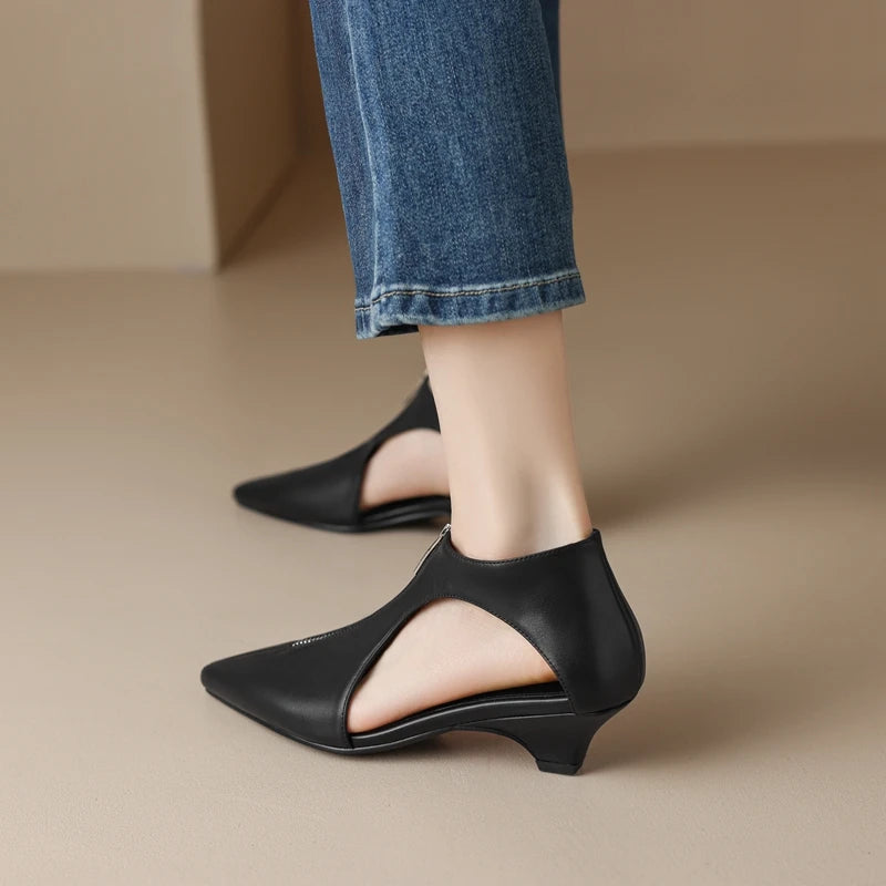 Kaky's new pointed hollow mesh oversized high New Pointed Zipper Cowhide Mid Heel Hollow out Women's Single Shoe High Top Shoes