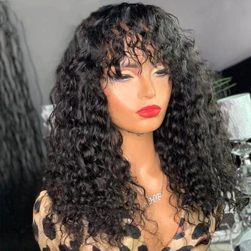 12A Cheap Water Wave Brazilian Human Hair Wig With Bangs Machine Made Wigs for Black Women Deep Wave Curly Wigs On Promotion