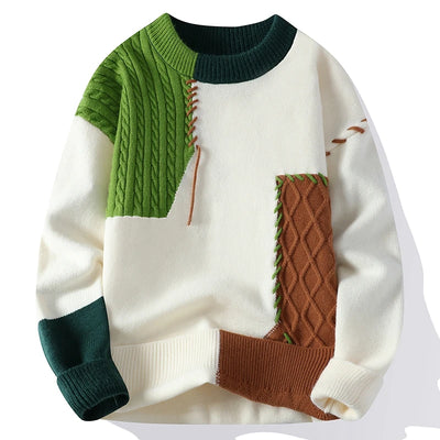 2024 Patchwork Knitted Sweater Trend High Street Autumn Winter Warm Men's Tops Hip-hop Street Clothing Fishing Sports Pullover