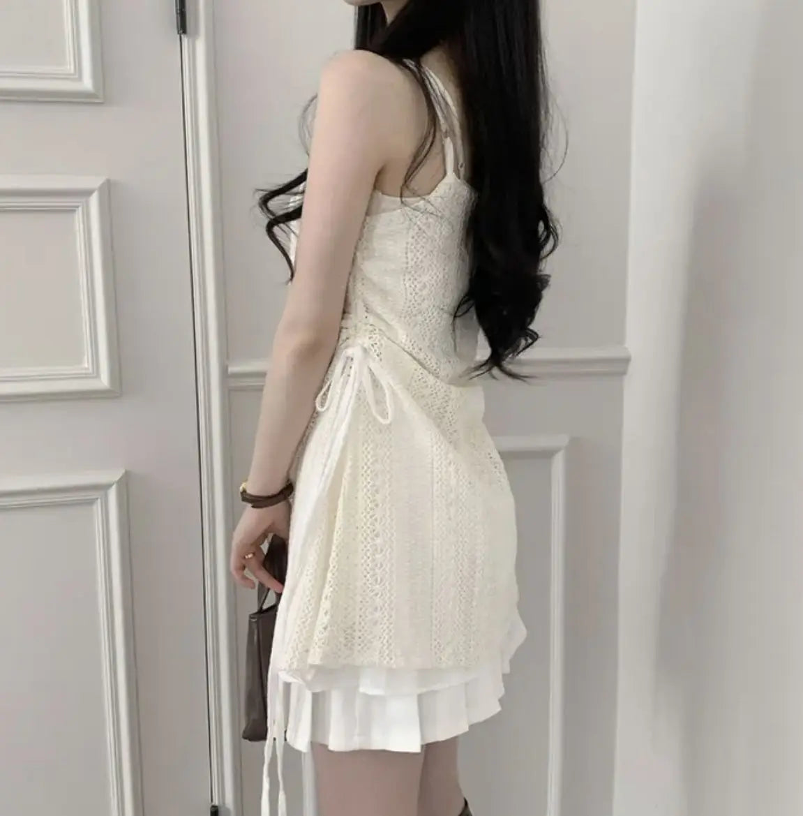 Hot Girl Korean Style Drawstring Lace-up Waist Lace Short Suspender Dresses + White Inner Wear Bottoming Sling Top Two-piece Set