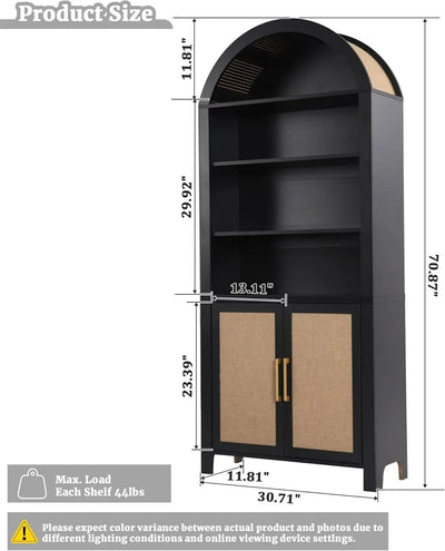 71" Tall Arched Bookcase with Storage, Modern 6-Tier Arched Cabinet with Door,Arched Bookshelf Cabinet with Open Display Storage