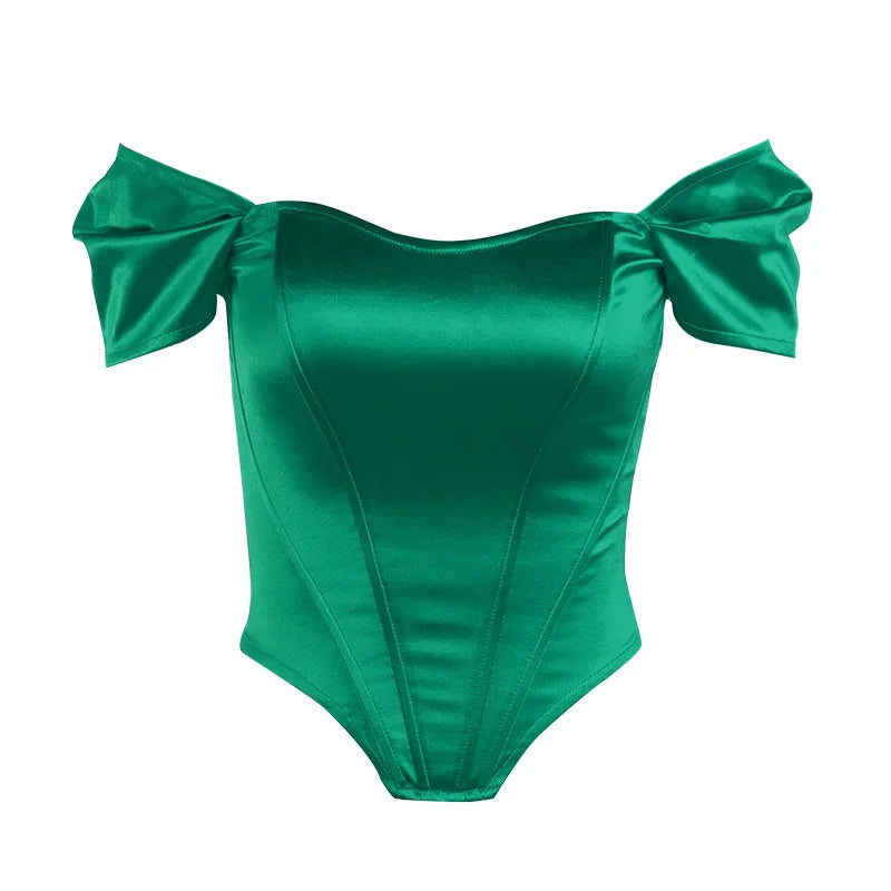 Cryptographic Off Shoulder Satin Sexy Backless Bustier Corset Crop Tops Women Sleeveless Summer Top Cropped Club Fashion Outfits