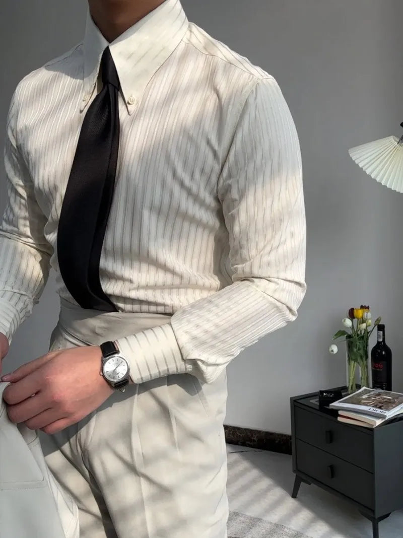 New Daily Business Leisure Mens Stripe Shirt Vintage Single Breasted Slim Fit Office Man Slim Fit Shirts Turn-Down Collar Tops