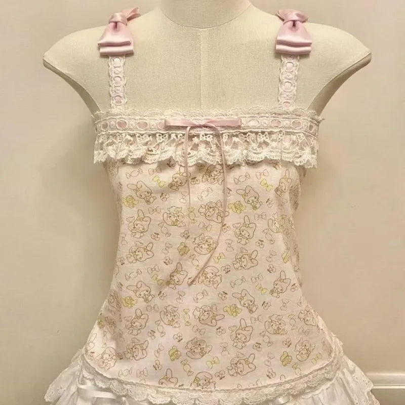 French Vintage Hottie Halter Vest Subculture Lace Stitching Tanks Top Kawaii Bow Design Tops Women's Cute Cartoon Print Camisole