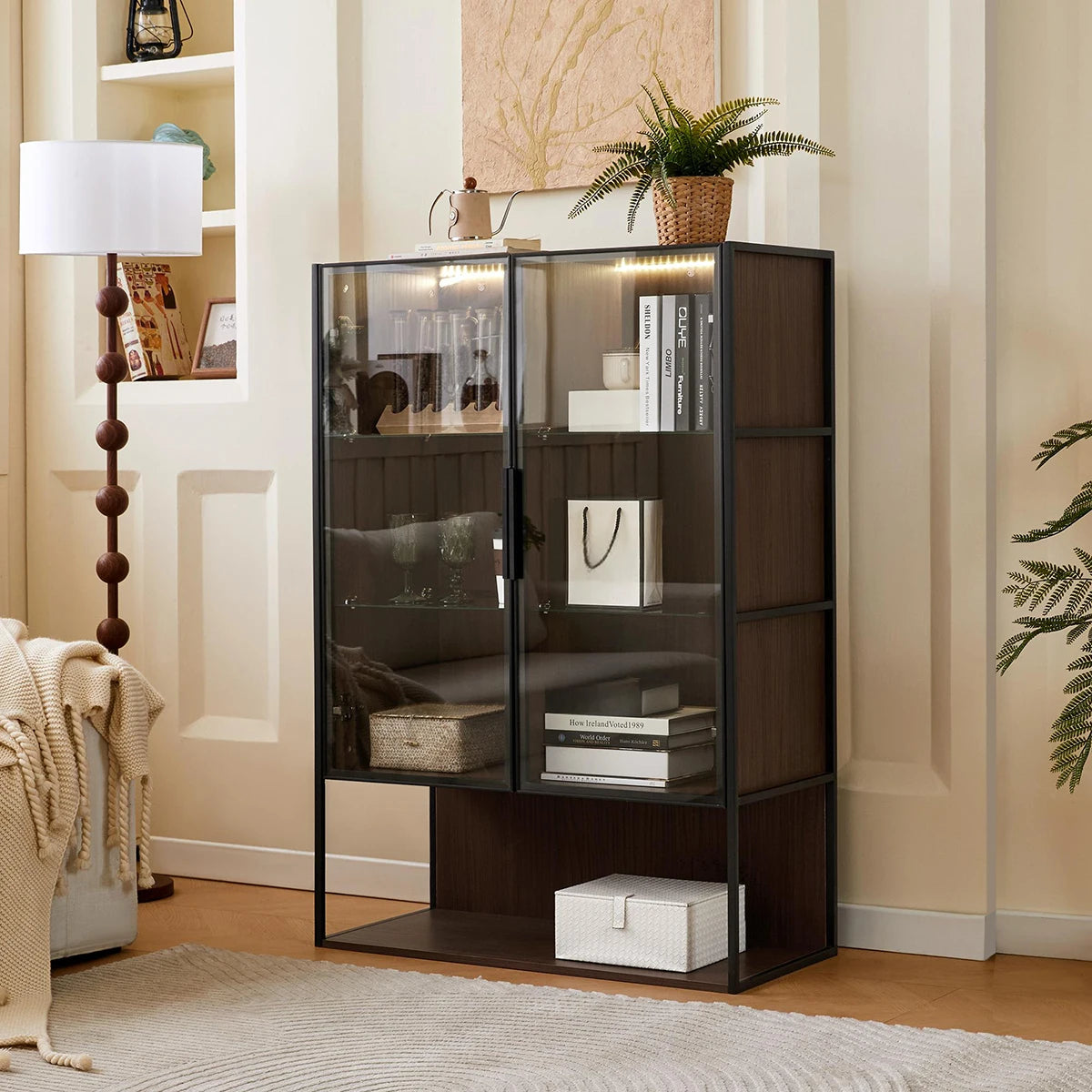 130cm Tall Lighted Display Cabinet, LED Curio Cabinet With Metal Frame And Tempered Glass Door For Living Room Home Office Study