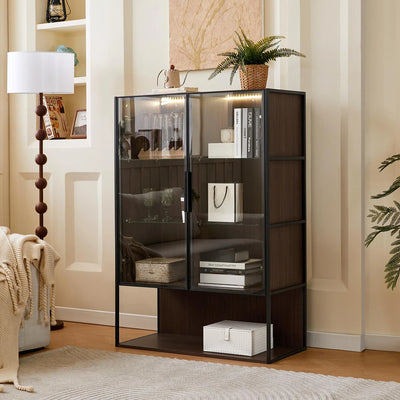 130cm Tall Lighted Display Cabinet, LED Curio Cabinet With Metal Frame And Tempered Glass Door For Living Room Home Office Study