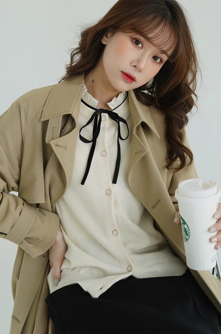 Women Spring Fall Short Trench Coat Korean Style Loose Fit Casual Khaki Jacket Petite-Friendly Versatile and Stylish Outerwear