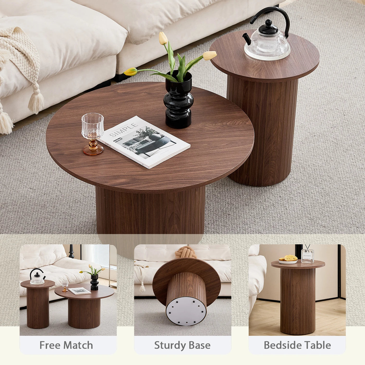 Set of 2 Nordic Style Wooden Round Coffee Table Set, Wooden Nesting Coffee Table, for Living Room/Bedroom Furniture