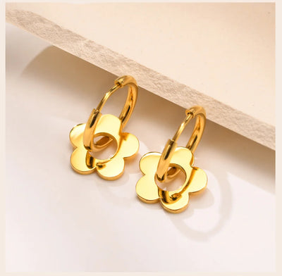 Gold Color Flower Earrings, Stainless Steel Huggie Hoop Earrings, Hypoallergenic Retro Style Bohe Ear Jewelry
