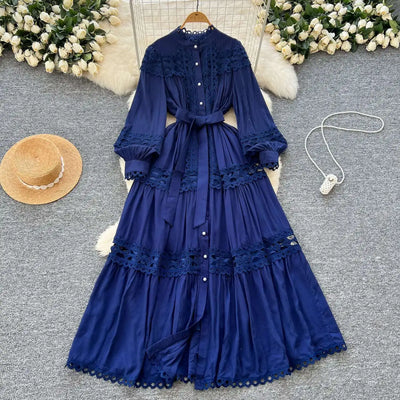 Elegant Long Maxi Hollow Out Dress Shirt Women Summer Autumn Palace Retro Pearl Button Embroidery Crochet Evening Party Vestidos