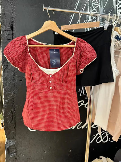 Lace Three-button Plaid Puff Sleeve Short Sleeve T-shirt Women's Summer Sweet Preppy Style Slim Shirt V-neck Short Tops Y2k