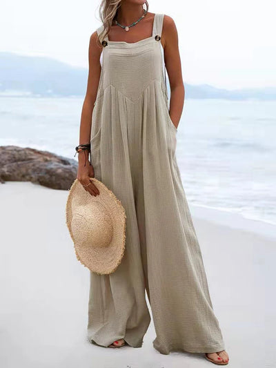 Overalls Women Summer Jumpsuit Outfits Plus Size Solid Color Casual Button Wide Leg Suspender Pants Overalls with Pockets