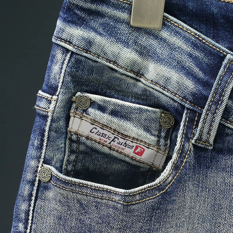 Retro Men's Jeans Slim Elastic Spliced zipper Skinny Pencil Trousers Harajuku Hip-hop Rock Motorcycle Denim Pants Streetwear