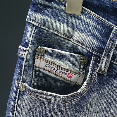 Retro Men's Jeans Slim Elastic Spliced zipper Skinny Pencil Trousers Harajuku Hip-hop Rock Motorcycle Denim Pants Streetwear