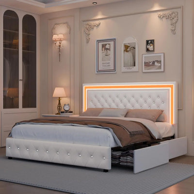 Queen LED Bed Frame, Upholstered Bed with 4 Drawers, Adjustable Upholstered Headboard Diamond Bed Frame, No Box Spring Needed