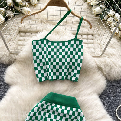 2025 New Vacation Style Plaid Suits Women Strapless Hotsweet Mini Tops+High Waist Bodycon Skirt Fashion Casual Knitted Sets