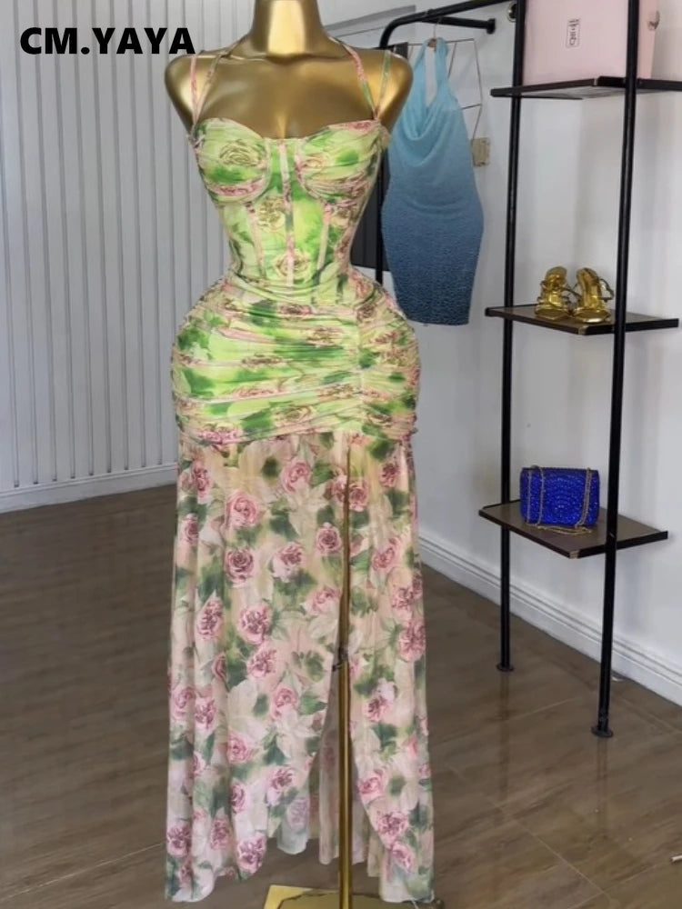 Women Sleeveless Floral Print Strap Stacked Ruched High Split Tunic Maxi Long Dress 2025 Birthday Vacation Beach Dresses