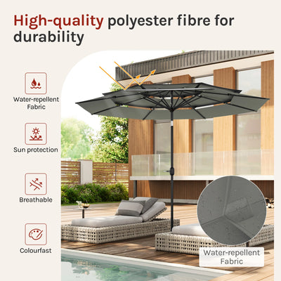 Round Large Garden Parasol 292cm Tilt Adjustable Beach Parasol UV Protection with 3 Ventilation Parasol for Balcony Garden