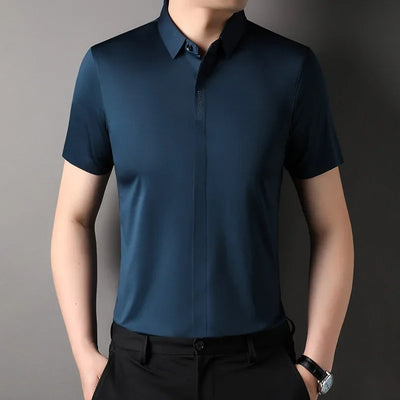 Summer New High-grade Hidden Button Men's Light Luxury Short Sleeve Shirts Men High Elastic Business Anti-wrinkle Ice Silk Shirt
