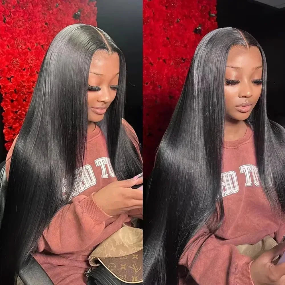 Natural Black Straight Lace Frontal Wigs Natural Color 13x6 HD Lace Frontal Human Hair Wigs 200 Density 46 Inches For Women