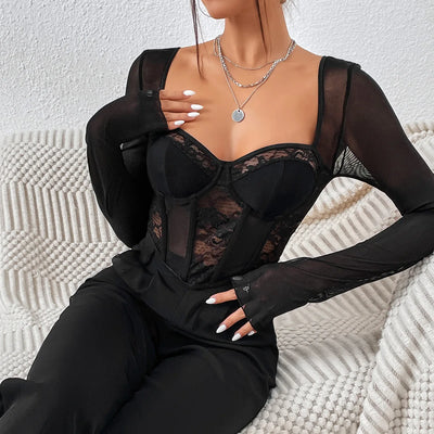 Sexy Lace Mesh Long sleeved Bustier Women's Y2k Corset Gauze Backless Slim Crop Top Square Neck Casual Tank Top T-shirt Camisole