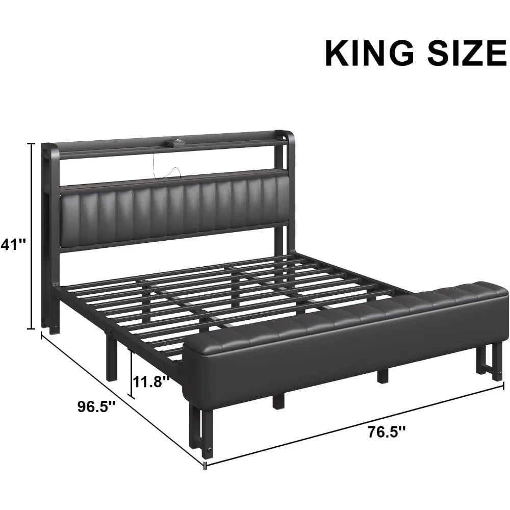 King Size Bed Frame with Star Projector & Charging Station, Metal Upholstered Bed frame with Headboard, Heavy Duty Beds